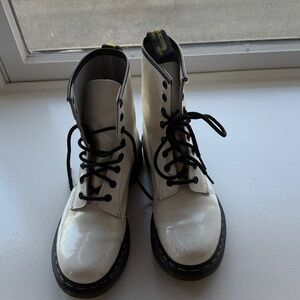 Dr. Martens White Lace-Up Patent Combat Boots with Black Laces